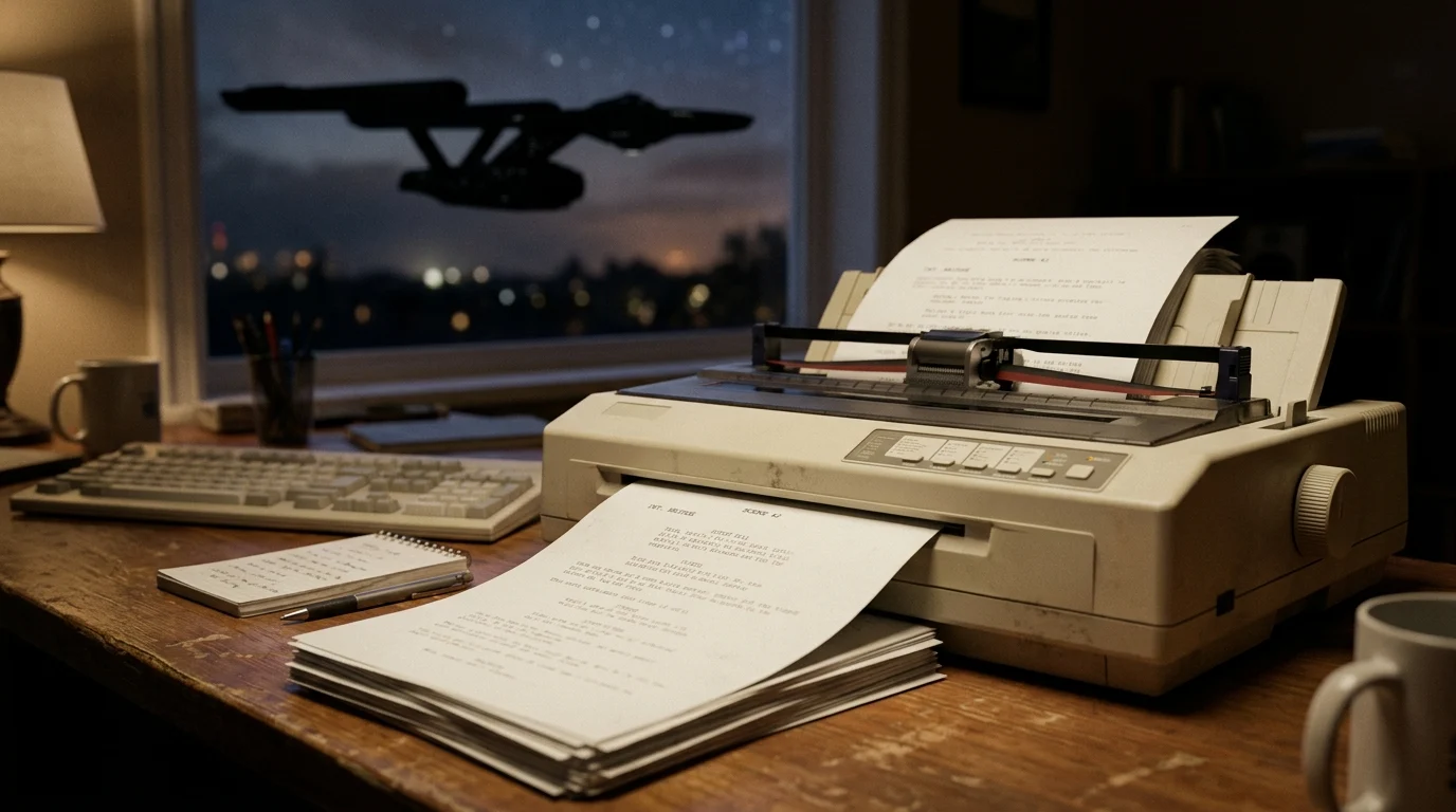Conceptual 1980s script production setup