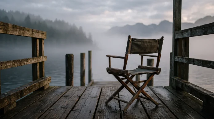 A lonely director's chair on a pier at sunset representing a cinematic legacy.
