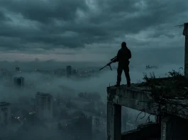 A silhouetted sniper overlooking a post-apocalyptic city ruins in the fog.