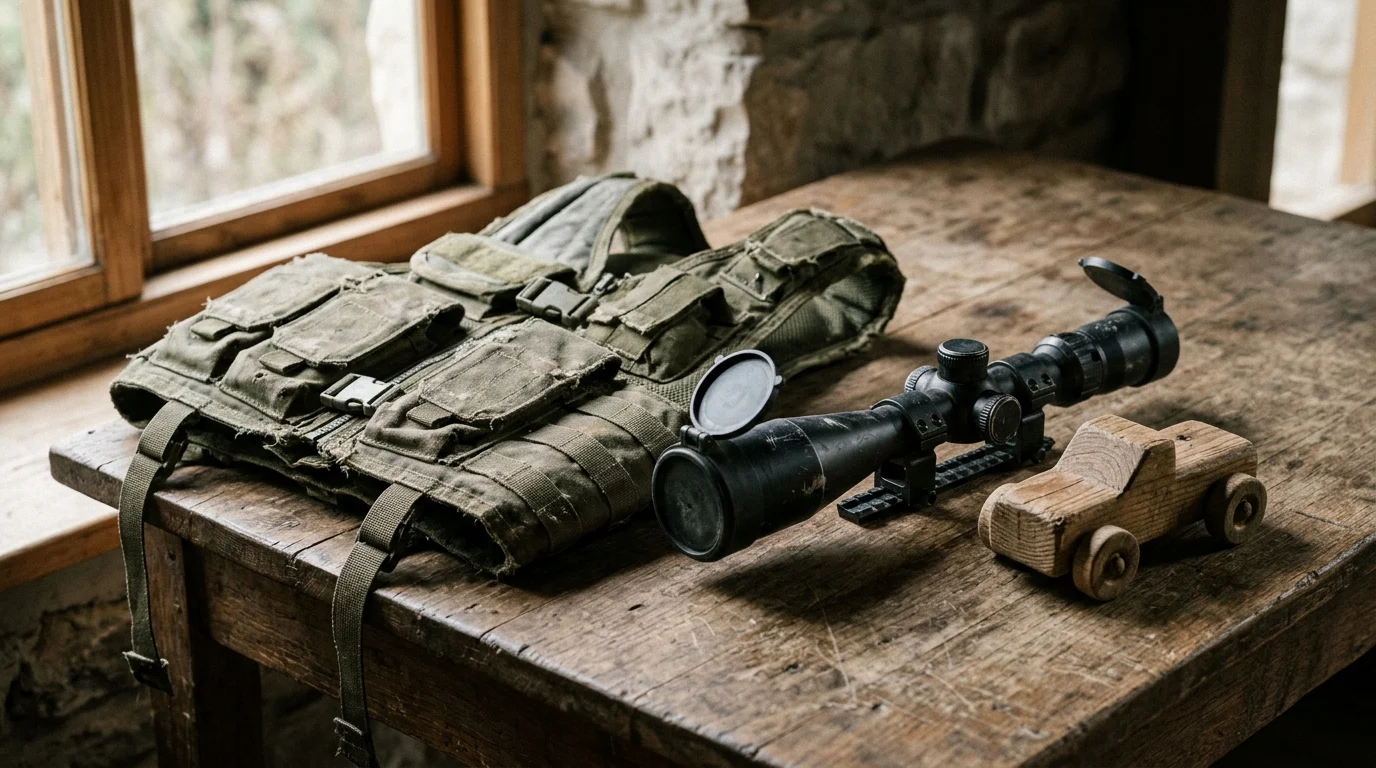 Tactical gear and a child's toy resting on a wooden surface.