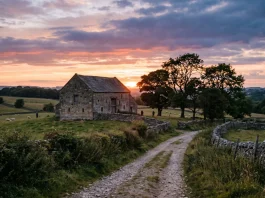 A scenic view of a traditional stone barn at sunset in the British countryside.