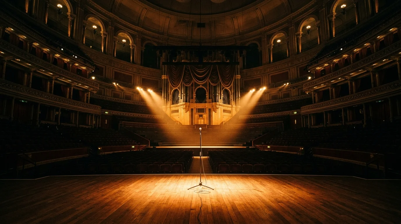 A warm, golden-lit concert stage in a large theater.