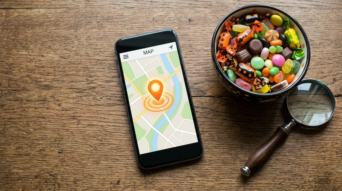 Janine and Gregory Face a Paranoia Test in Abbott Elementary Halloween Party 1 A smartphone showing a tracking map next to Halloween candy and a magnifying glass.
