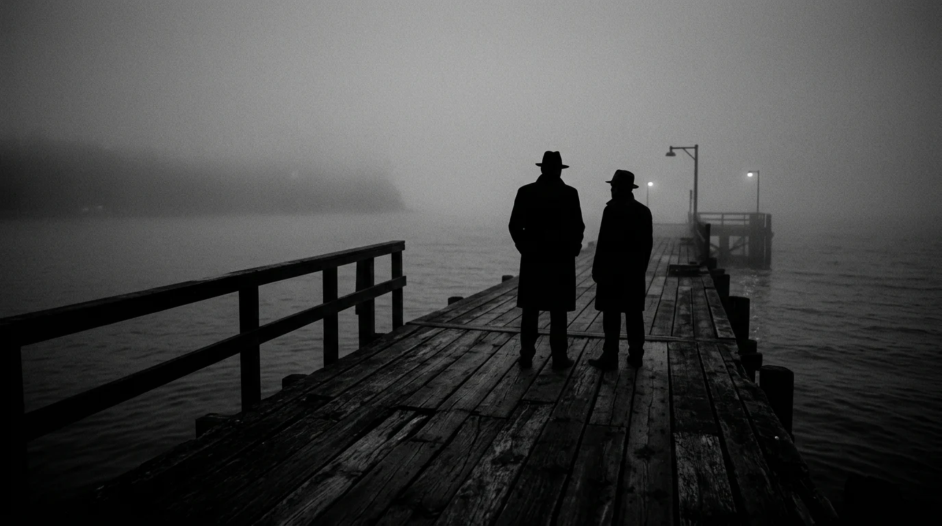 Silhouettes of two men on a pier in a foggy coastal environment.