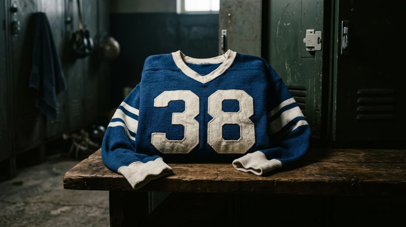 A folded vintage football jersey with the number 38 on a wooden bench.