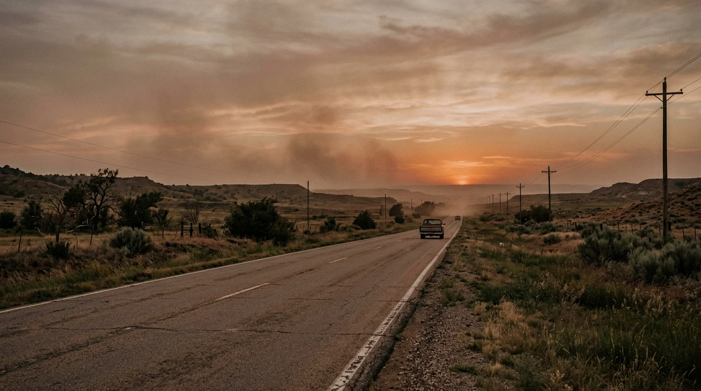A lonely highway in Oklahoma at sunset.