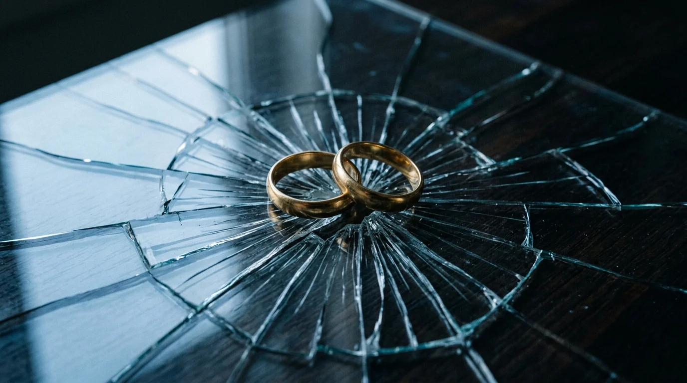 His & Hers Director William Oldroyd Re-teams With Alice Feeney for Twist Adaptation 1 Two wedding rings on a cracked glass surface.