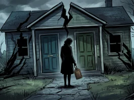 Conceptual art representing a double life with two doors and a flight attendant silhouette.