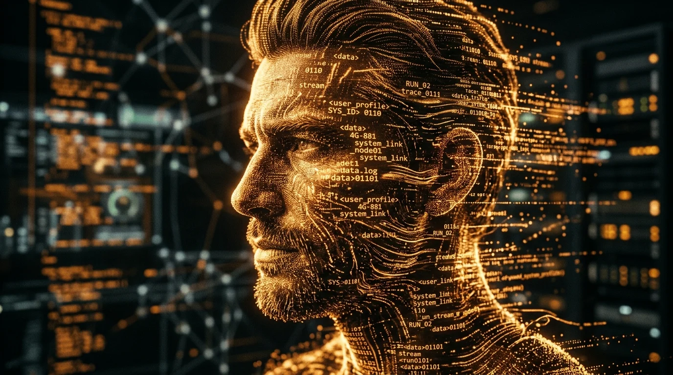 An abstract digital representation of a anonymous silhouettes made of data and golden light.