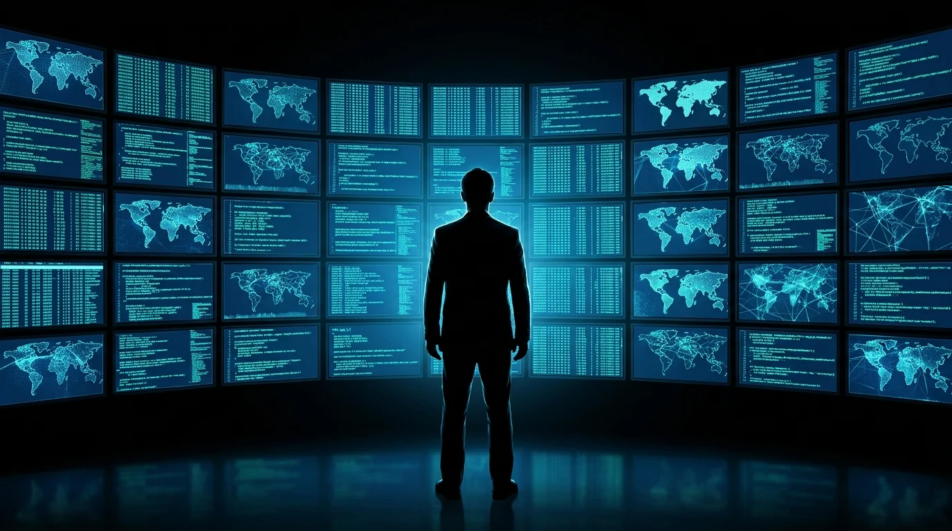 A silhouette of an undercover operative in a high-tech surveillance room.