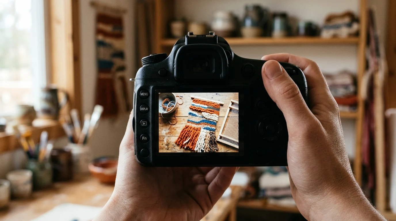 Etsy Mandates Unedited Photos and Bans AI-Generated Functional Guides 1 A camera screen showing a real-world photo of a handmade textile.