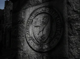 A conceptual representation of a university seal in shadow.