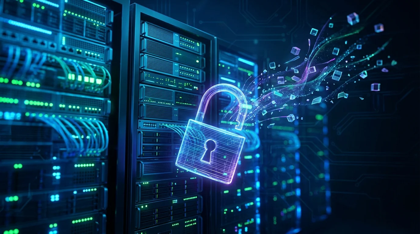 A conceptual graphic showing an open digital lock on a server, symbolizing a security vulnerability.