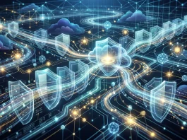 Conceptual digital representation of cloud security and real-time data monitoring.