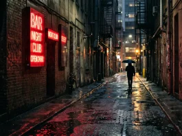 A rain-slicked urban alleyway at night illuminated by deep red neon lights.