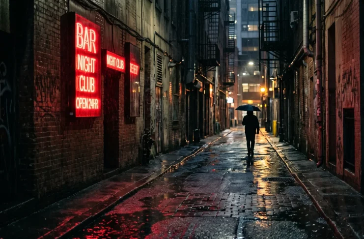 A rain-slicked urban alleyway at night illuminated by deep red neon lights.
