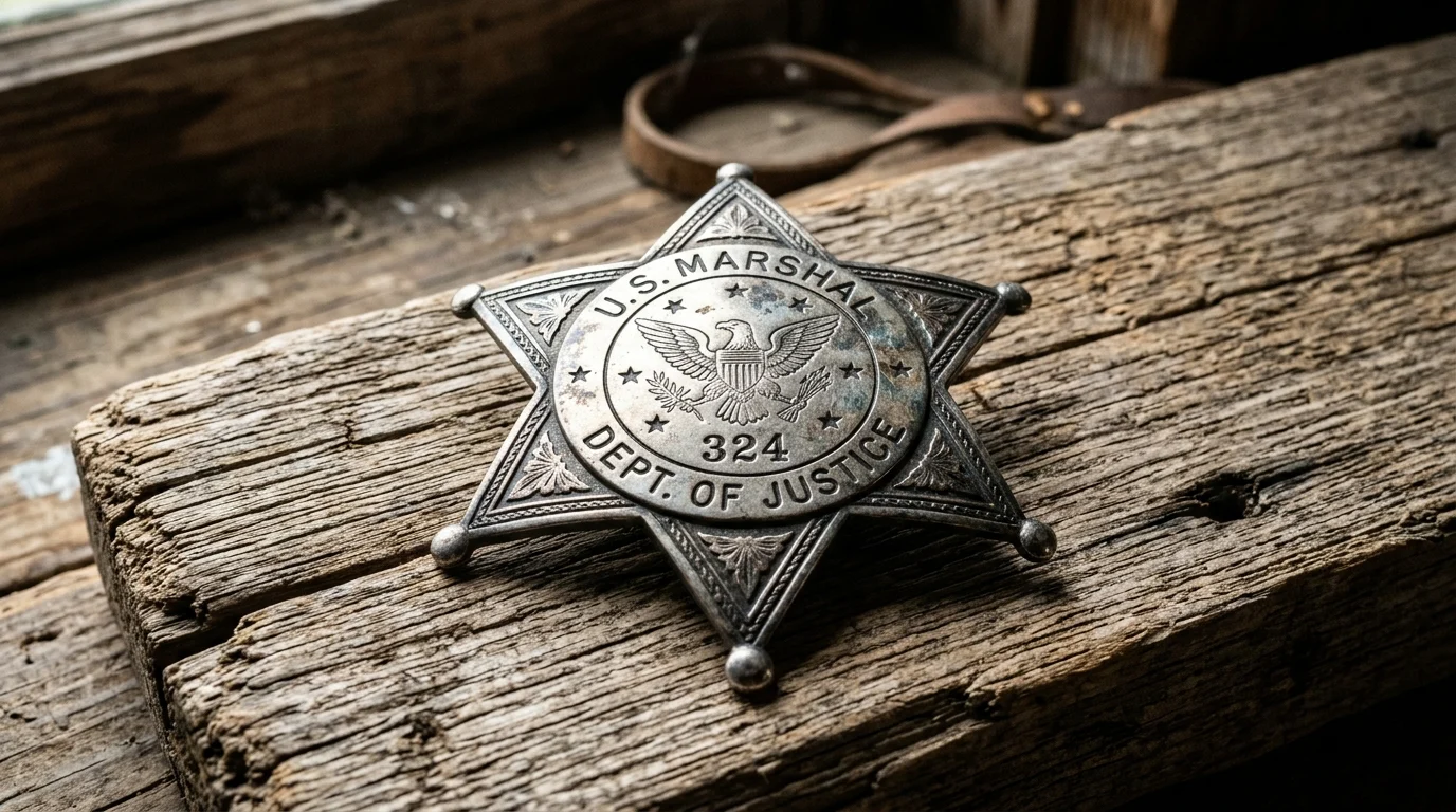 A tarnished vintage lawman badge on old wood.