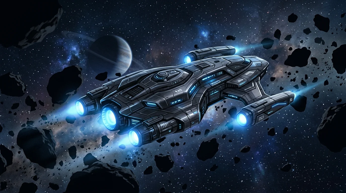 A futuristic starship cruising through deep space.