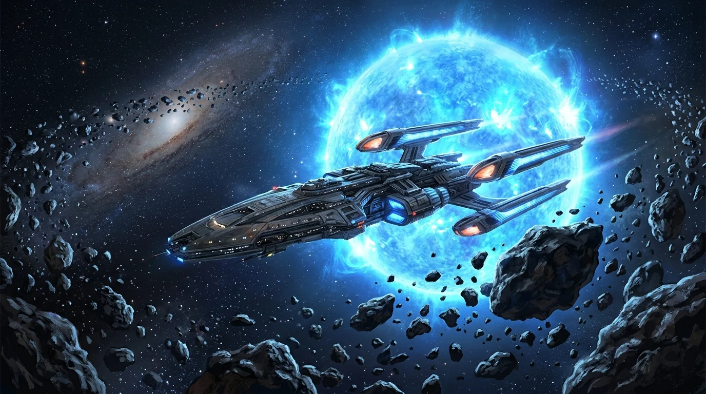 Conceptual art of a four-nacelle starship in deep space.