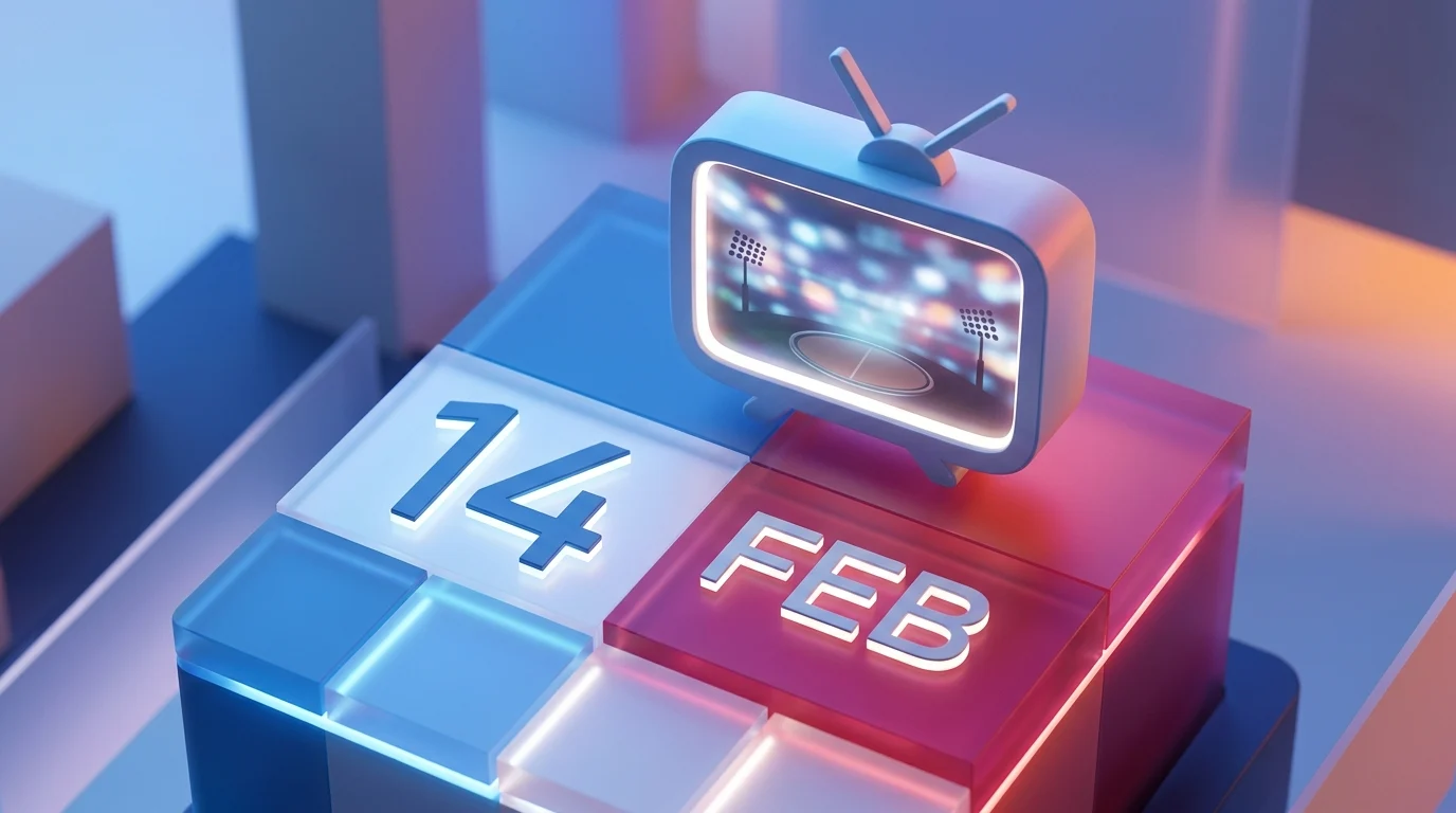 Abstract calendar page for February 14th with a television icon.