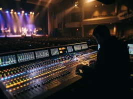 A professional audio mixing board in a dark theater setting.