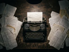 A conceptual thriller-themed image of a typewriter and manuscript pages.