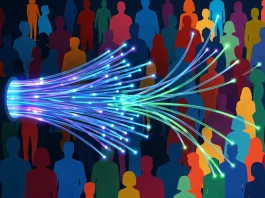Conceptual illustration of fiber optic cables and digital silhouettes.