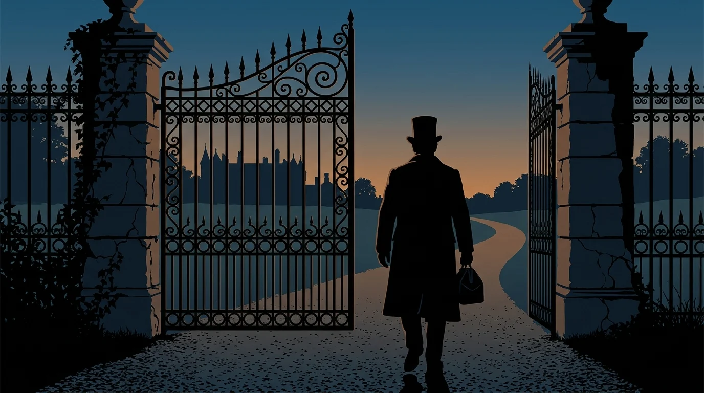 Silhouette of a Victorian figure at a mansion gate.