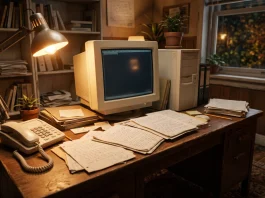 A conceptual cinematic scene of a desk from the early 2000s with period-accurate technology and writing materials.
