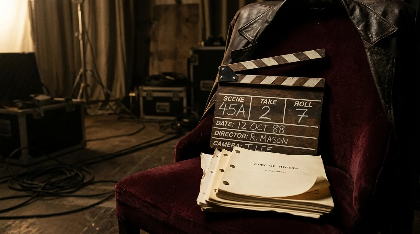 Conceptual image of 1980s film production equipment and scripts.