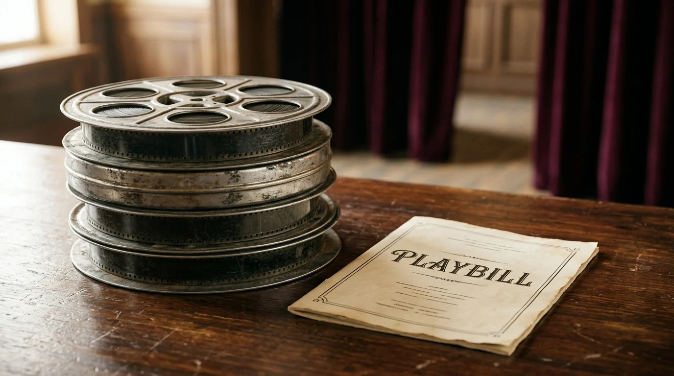 Vintage film reels and a theater playbill.