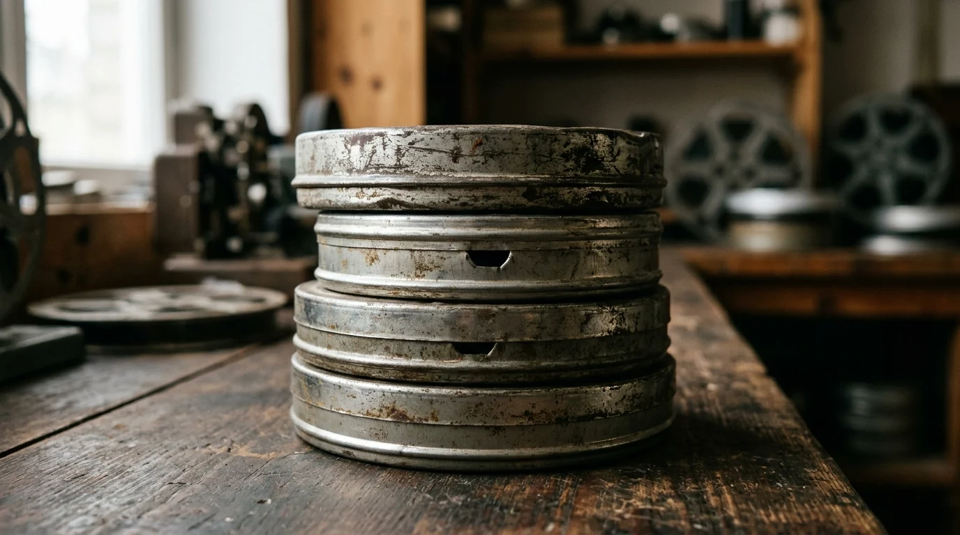 A stack of vintage 16mm film canisters on a wooden desk.