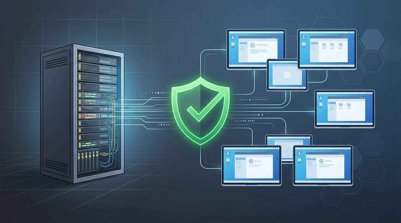 Conceptual diagram of virtual desktop infrastructure being secured and updated.