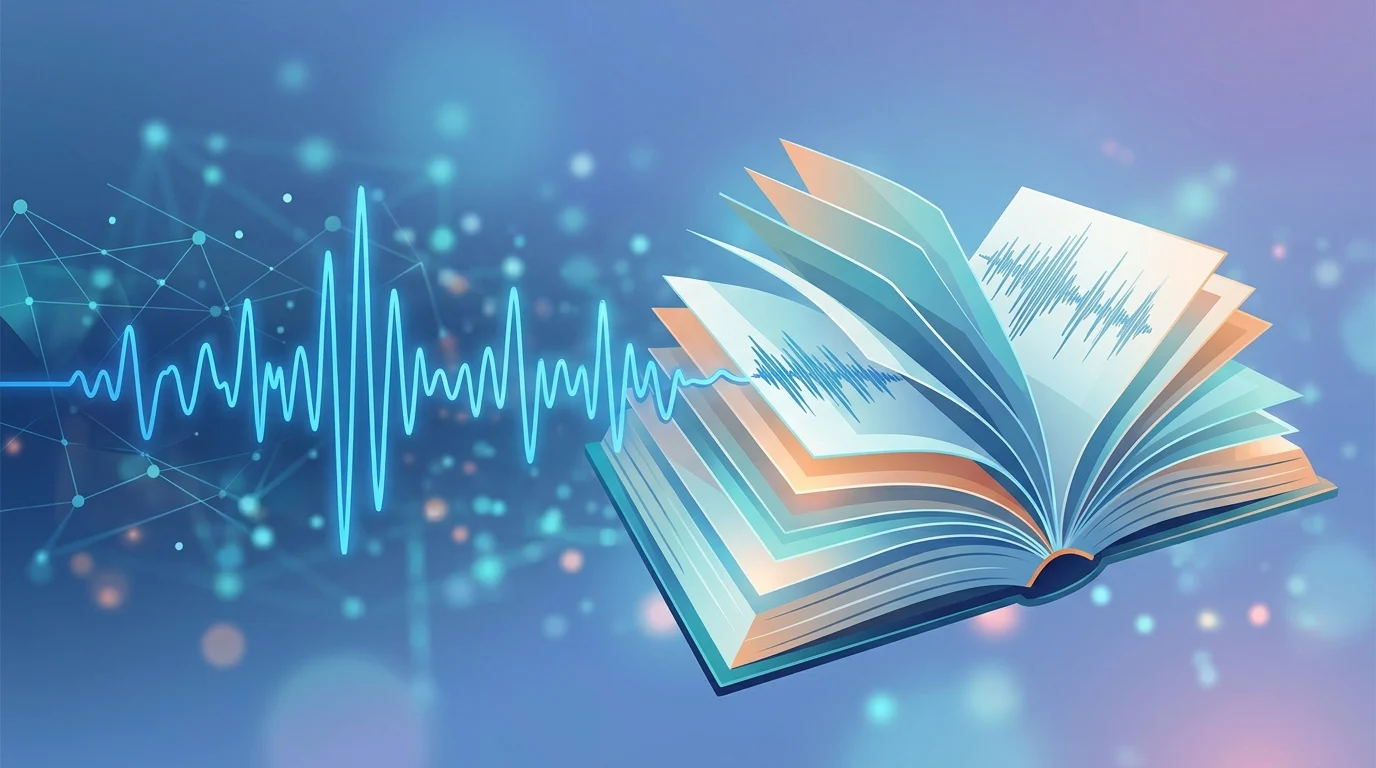 Abstract graphic of digital audio waves and book pages.