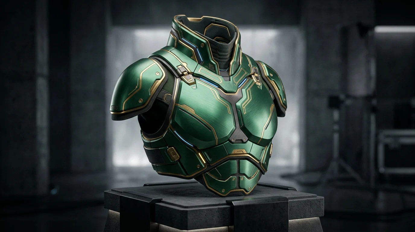Conceptual close-up of emerald and gold synthetic armor.