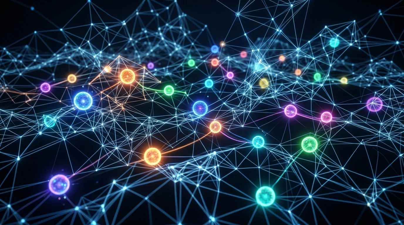 A conceptual graphic of colored light spheres within a neural web.