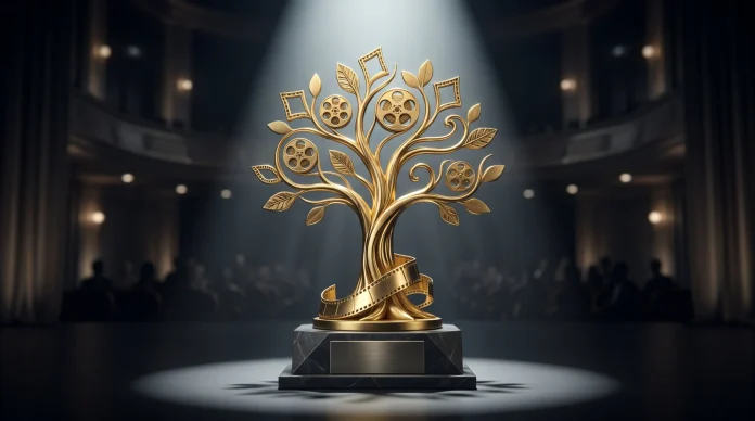 A golden tree sculpture award under a spotlight.