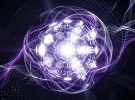 A glowing synthetic intelligence core with digital data streams.