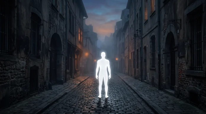 A conceptual illustration of a white android figure in a misty city street.