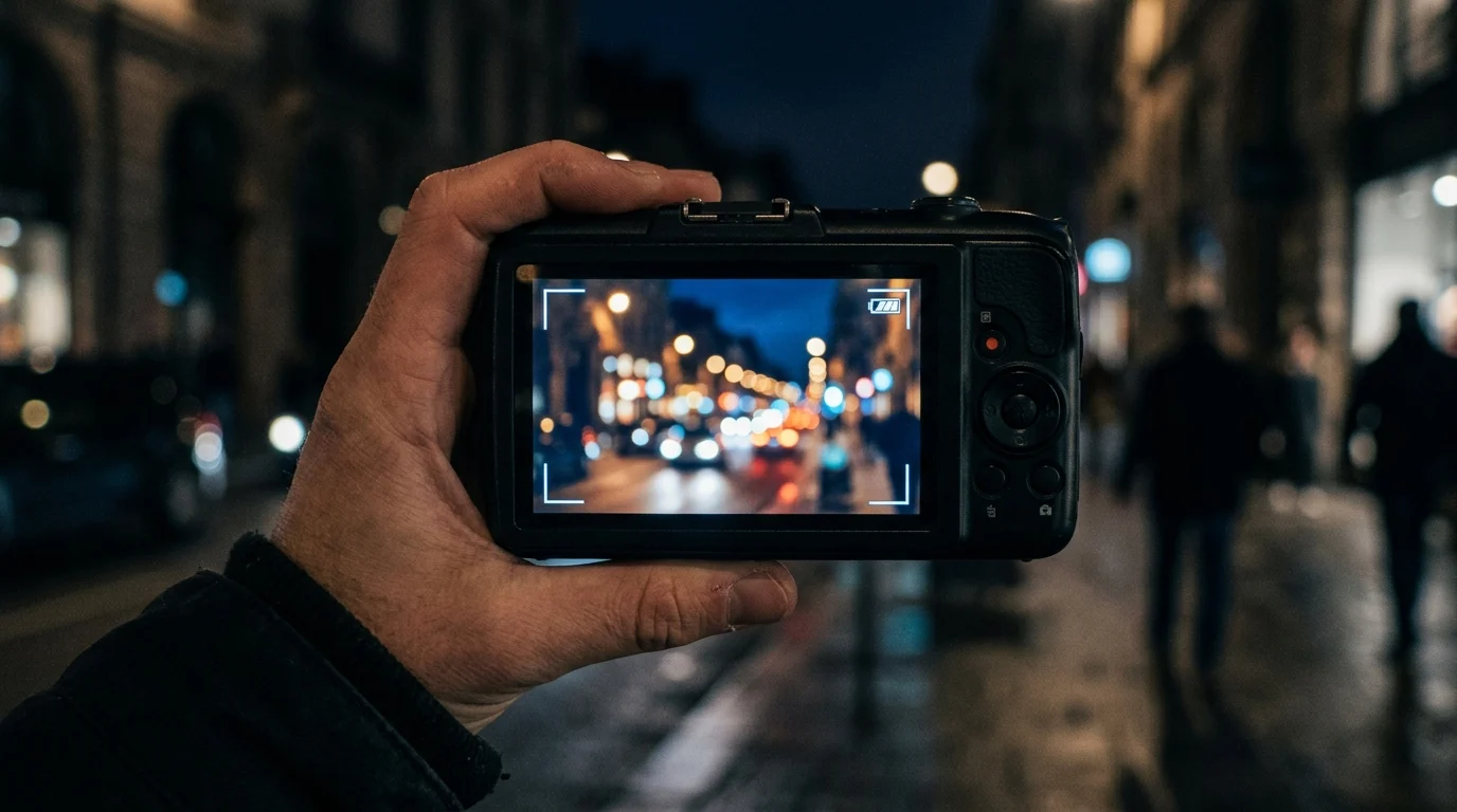A camera screen displaying blurred city lights at night.