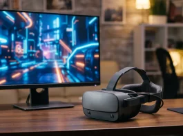 Titanfall 2 VR Mod Features Motion Controls and Physical Titan Cockpits A VR headset sitting on a desk in front of a computer monitor.