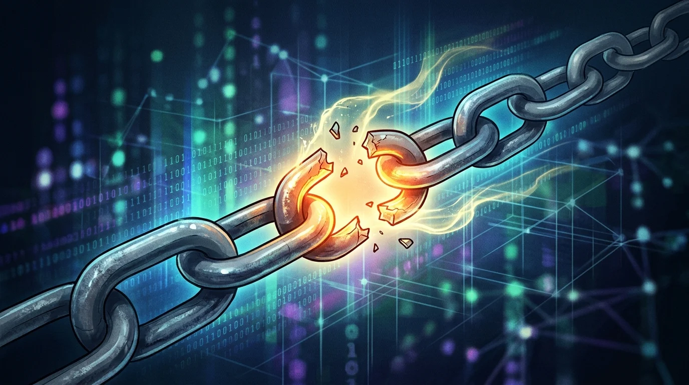 A conceptual illustration of a broken digital chain link.