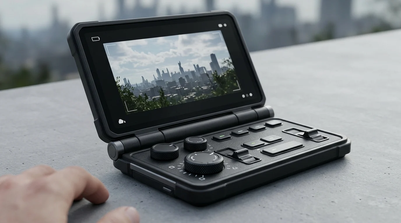 An illustration of a split-screen camera application on a folded digital device.