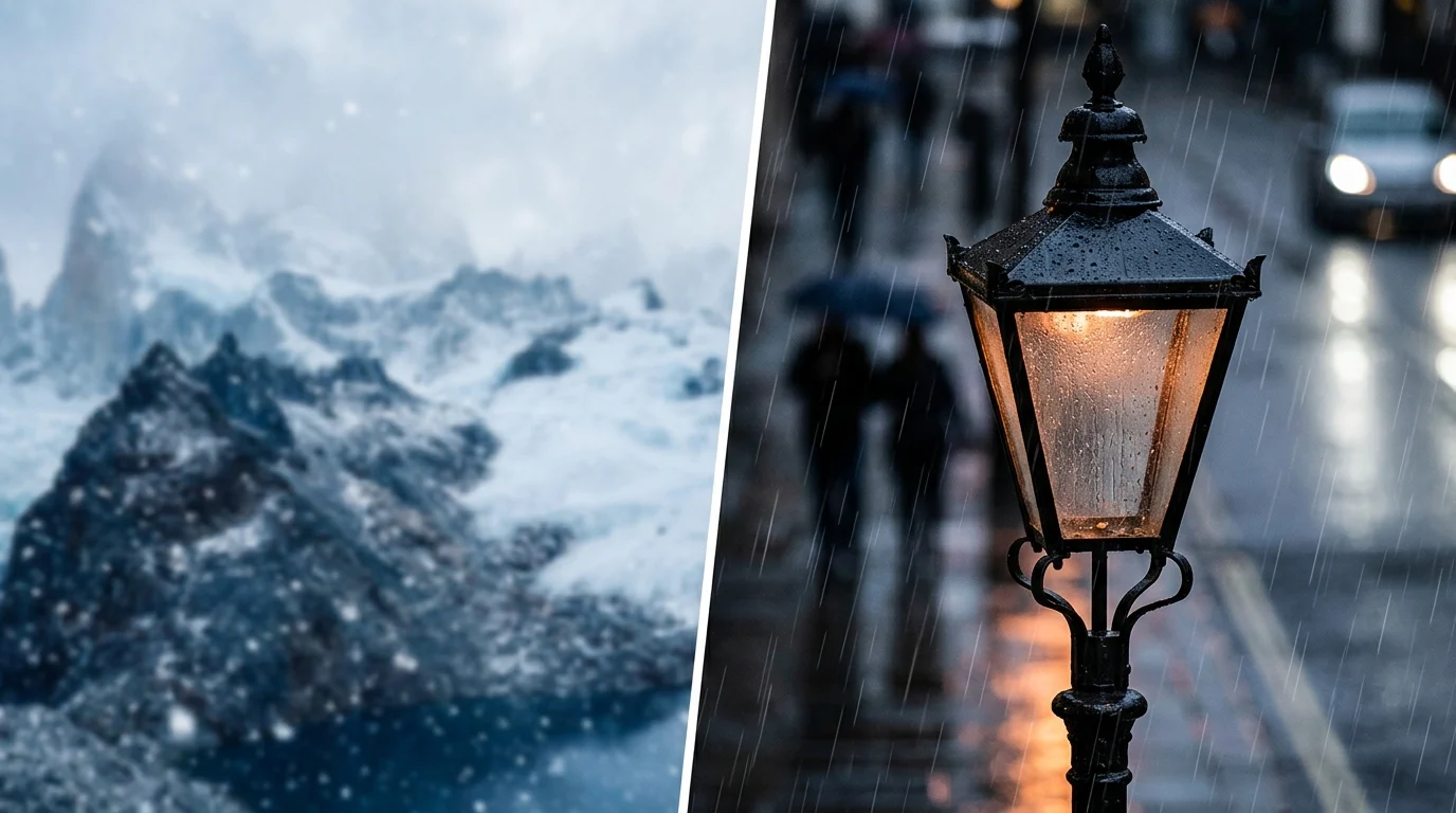 Conceptual contrast between a snowy mountain and a rainy London street.