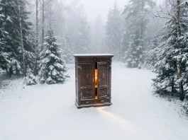 An old wooden wardrobe sitting in a snowy forest clearing with light coming from inside.