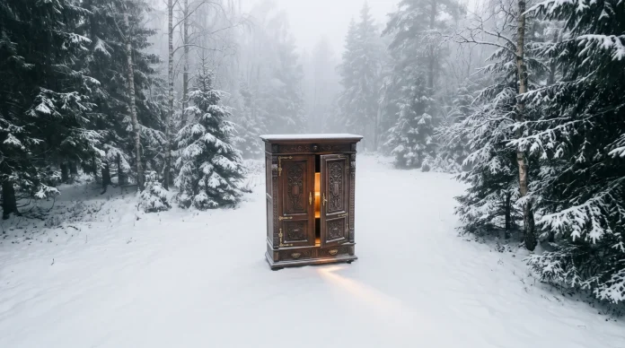 An old wooden wardrobe sitting in a snowy forest clearing with light coming from inside.