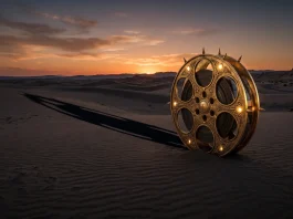 Warner Bros. Ends Standalone Era with $20 Million Opening for Tom Cruise’s Digger A lone film reel in a desert landscape at sunset representing the end of a studio era.