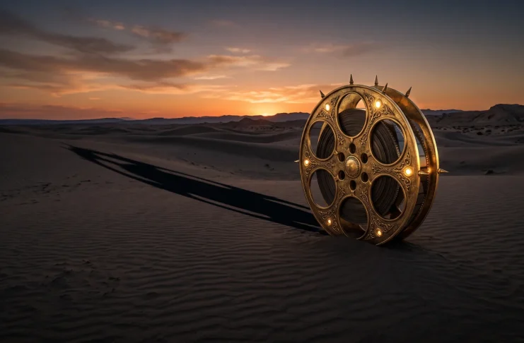 A lone film reel in a desert landscape at sunset representing the end of a studio era.