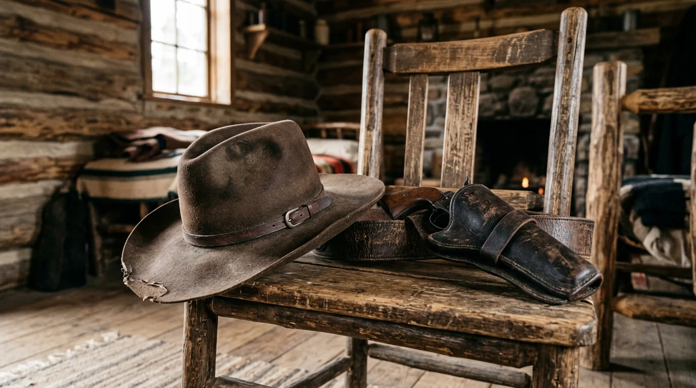 A cowboy hat and leather holster on a chair.