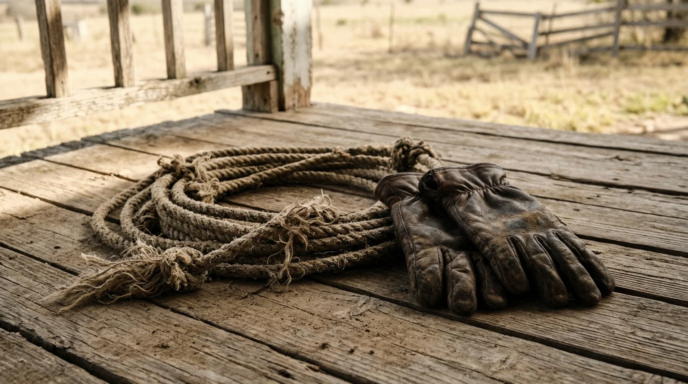 Coiled rope and leather gloves on a dusty wooden surface.